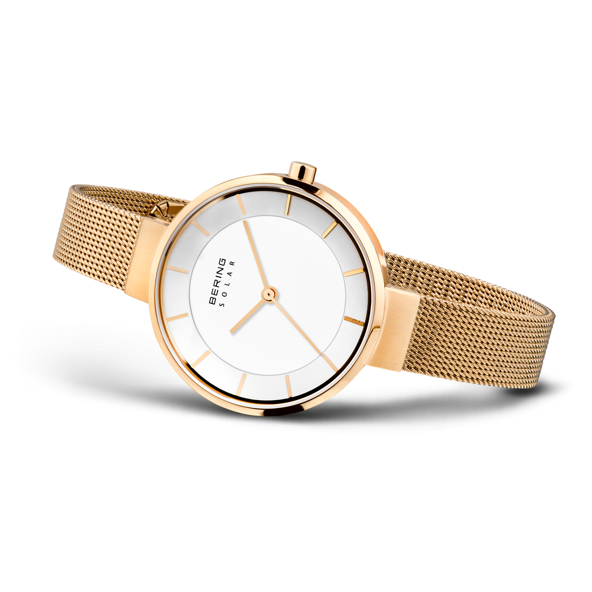 Gold-tone BERING wristwatch with white dial and mesh bracelet, shown from the side.