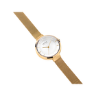 Gold wristwatch with round white dial and minimalist markers, paired with gold mesh bracelet.