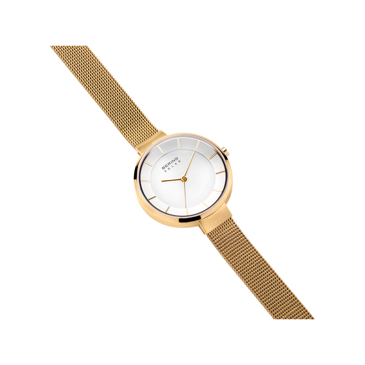 Gold wristwatch with round white dial and minimalist markers, paired with gold mesh bracelet.