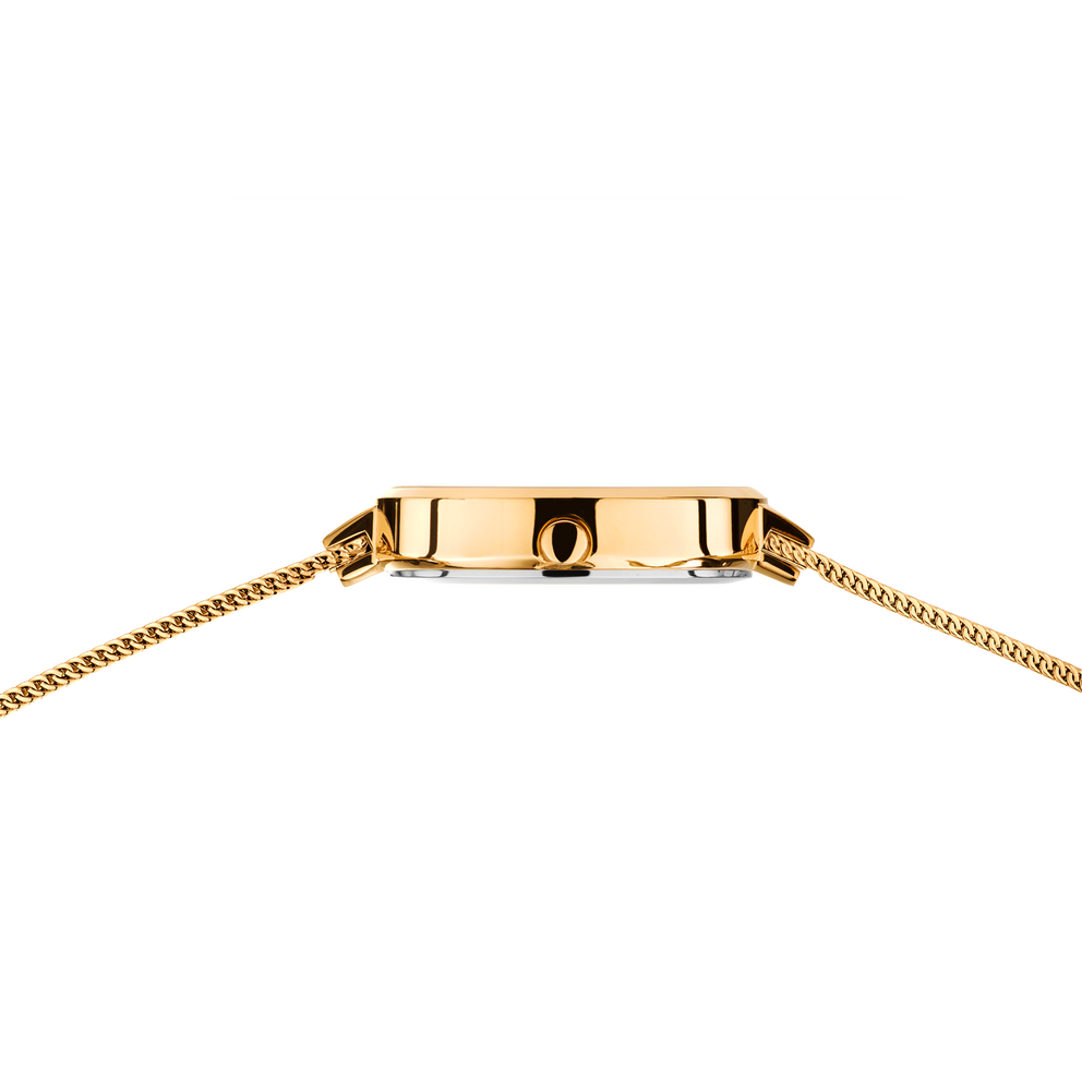 Gold-tone watch case with mesh-style bracelet, detail shot showing the case and band connection