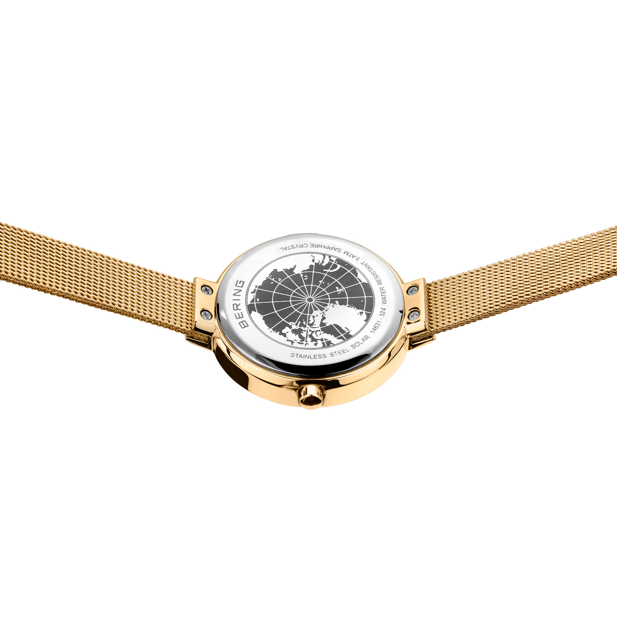 Gold wristwatch with world map dial, viewed from above, showing mesh strap extending on both sides