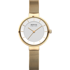 BERING Solar wristwatch with round gold-toned case, light gray dial, and matching mesh bracelet