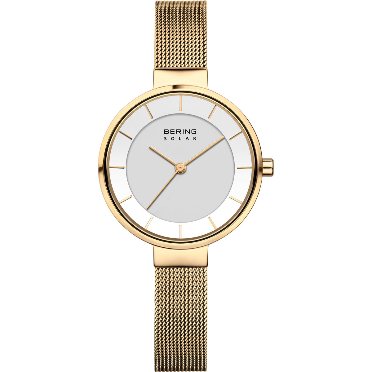 BERING Solar wristwatch with round gold-toned case, light gray dial, and matching mesh bracelet