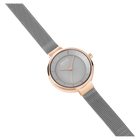 Watch with rose-gold case, grey dial, and dark grey mesh band, shown at side angle.