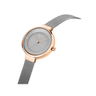 Rose gold wristwatch with gray metal mesh band, round dial, angled view