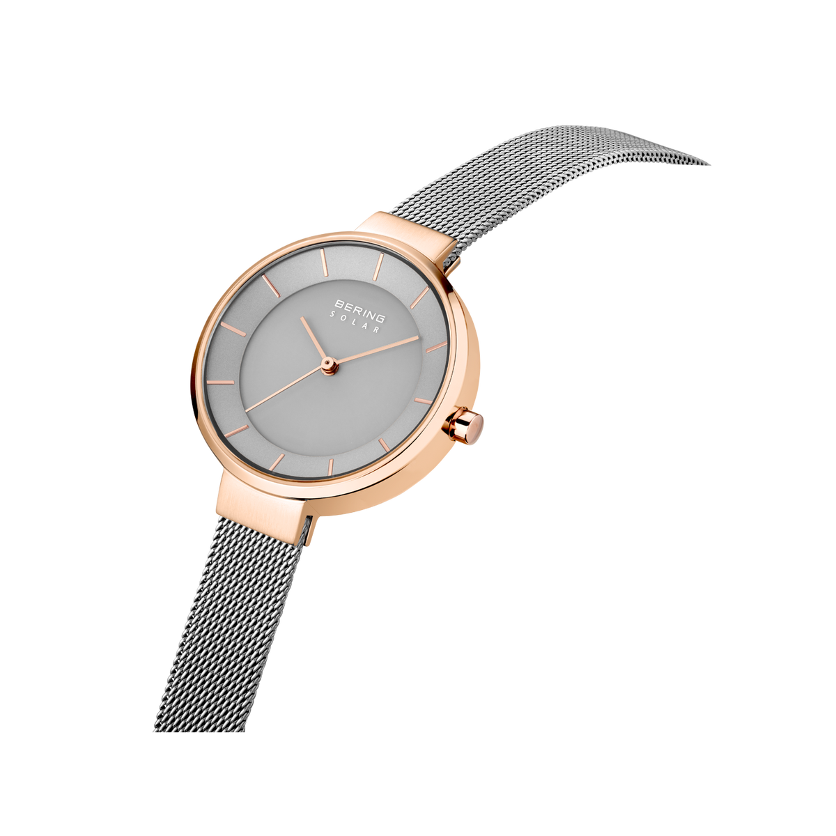Rose gold wristwatch with gray metal mesh band, round dial, angled view
