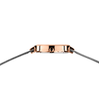 Rose-gold rectangular watch case with textured mesh metal strap, overhead detail view