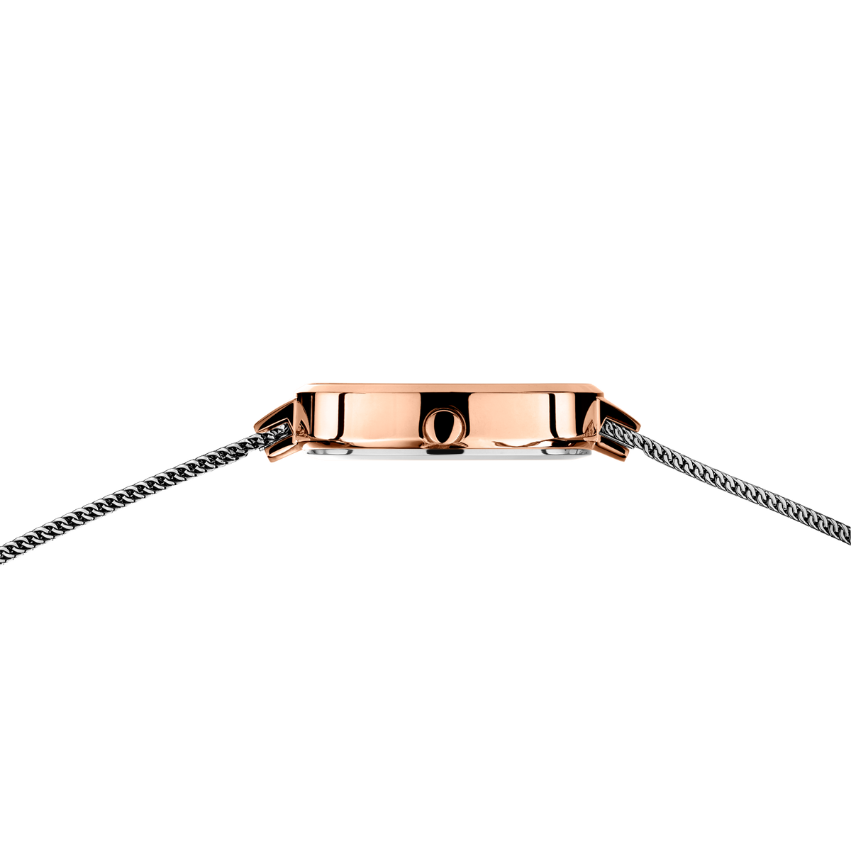 Rose-gold rectangular watch case with textured mesh metal strap, overhead detail view