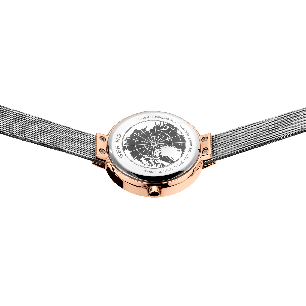 Top-down view of rose gold watch with white dial and grey mesh band