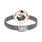 Watch with white dial featuring world map design, rose gold case accents, and gray mesh bracelet