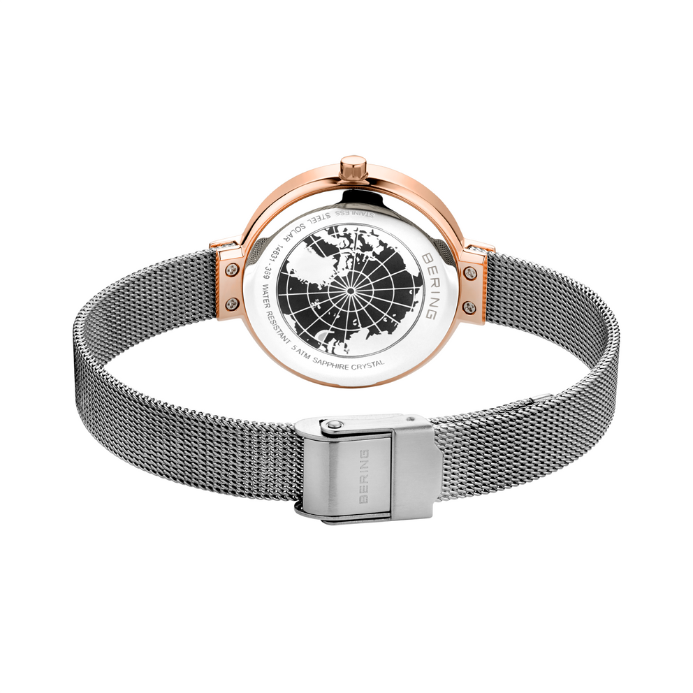 Watch with white dial featuring world map design, rose gold case accents, and gray mesh bracelet
