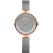 Minimalist wristwatch with rose gold case, gray dial, and silver mesh bracelet.
