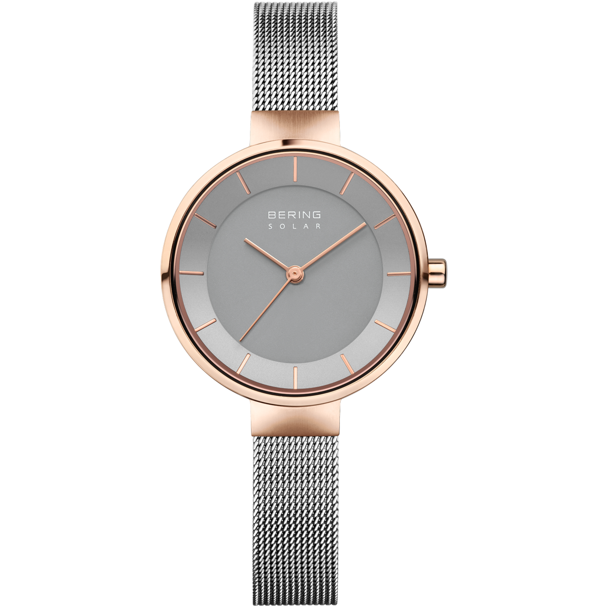 Minimalist wristwatch with rose gold case, gray dial, and silver mesh bracelet.