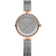 Minimalist wristwatch with rose gold case, gray dial, and silver mesh bracelet.
