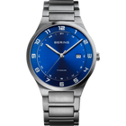 Reloj de pulsera BERING con caja y correa de titanio plateado, esfera azul con marcas y agujas blancas
