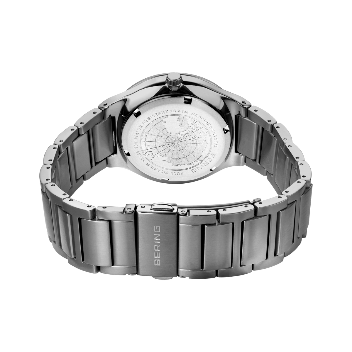 Reloj BERING visto desde atrás, pulsera de acero con eslabones y fondo gravado.