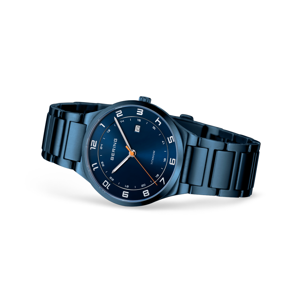 BERING horloge marineblauw met donker wijzerplaat en schakelbandjes, zijzicht