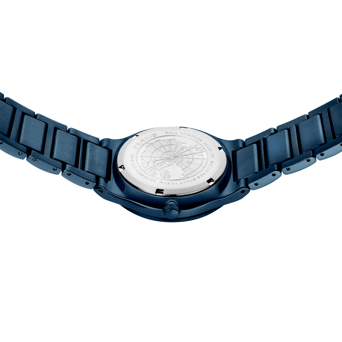 Zilvergekleurde horloge-achterkant met gegraveerd motief, omgeven door donkerblauw gesegmenteerd bandje