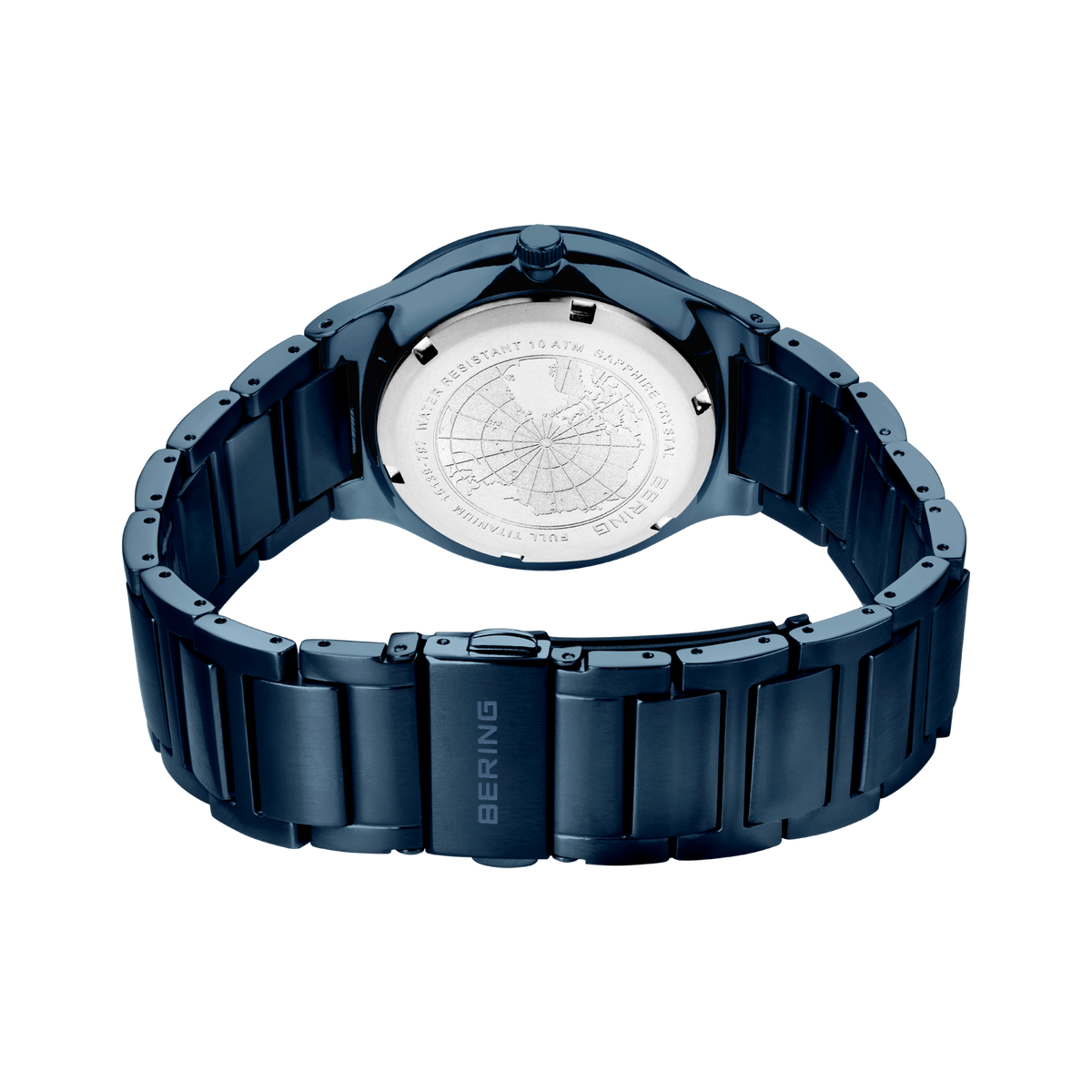 BERING horloge model 15139-797, achterkant met donkerblauw metalen band en gegraveerde kasbodem
