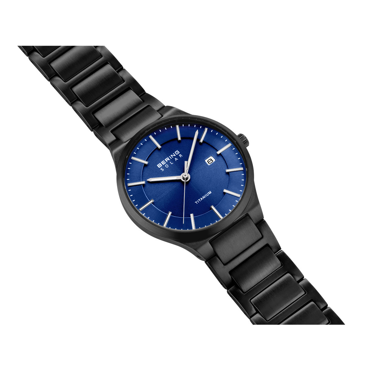 Schwarze Edelstahl-Armbanduhr mit blauem Zifferblatt, weißen Markierungen und Zeigern, Datumsanzeige.