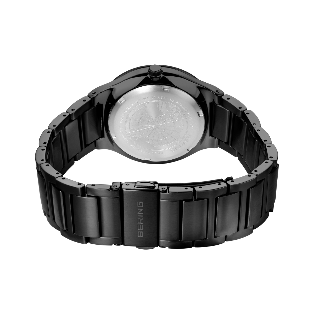 Rückansicht der BERING-Armbanduhr 15239-727 mit schwarzem Metallarmband