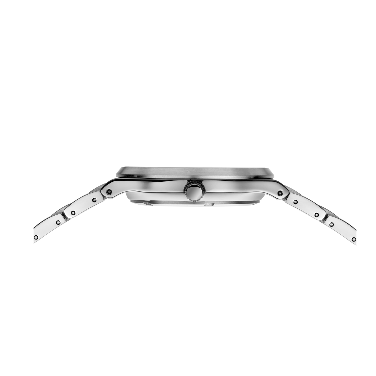 Watch case and crown from side view, brushed stainless steel with link bracelet.
