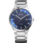 BERING SOLAR wristwatch with silver titanium bracelet, dark blue dial, white hour markers and date window