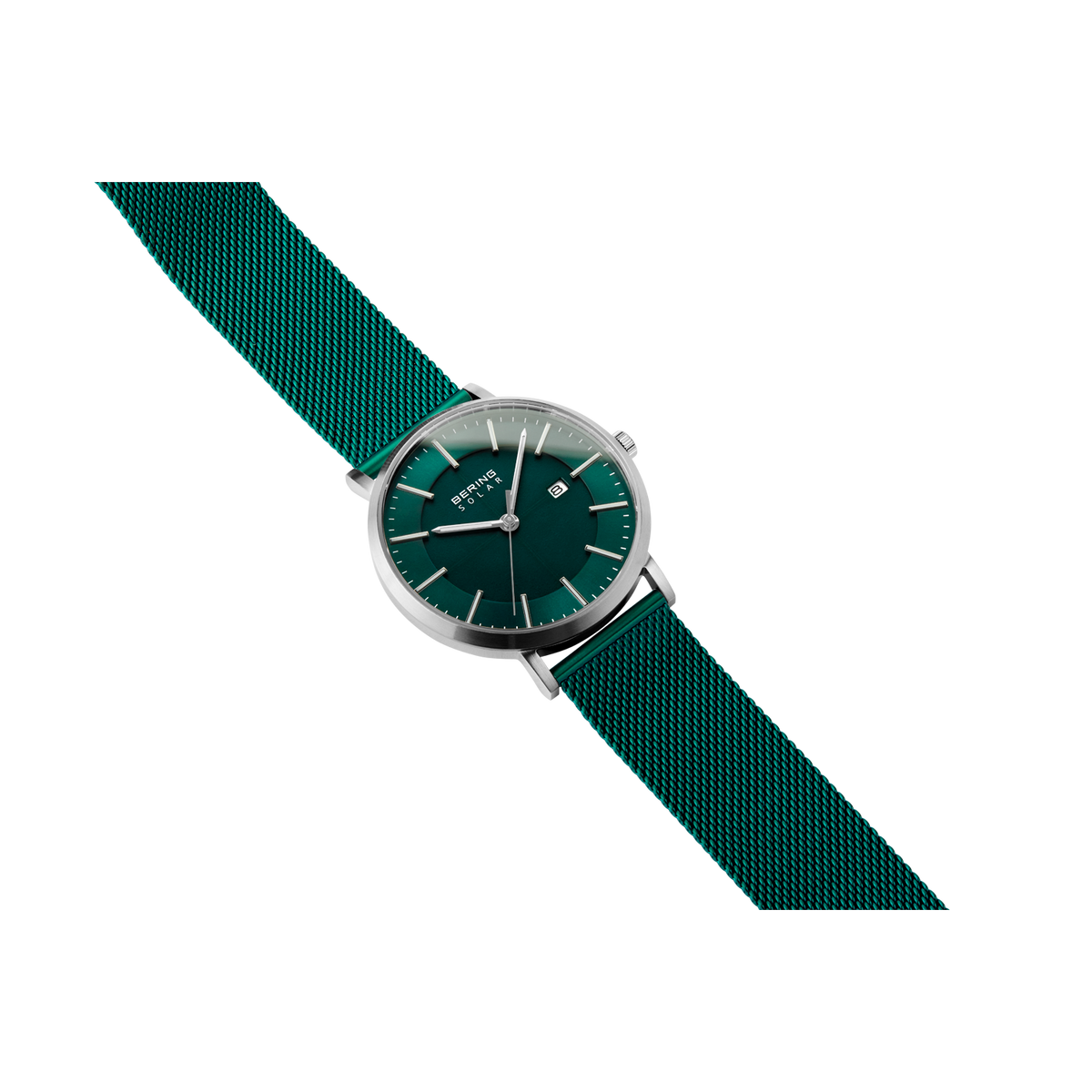 BERING horloge met donkergroene wijzerplaat en bijpassend stoffen bandje, gefotografeerd van opzij