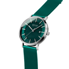 BERING-horloge 15439-808 met turquoise wijzerplaat, turquoise mesh-band, zilveren kast, datumvenster om 3 uur.
