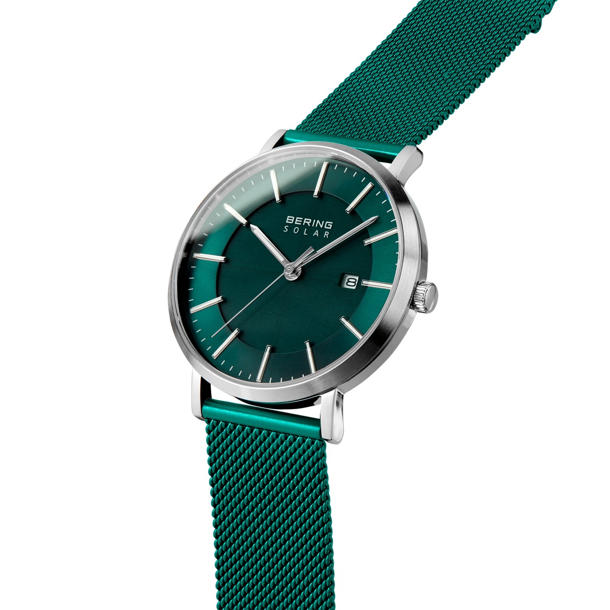 BERING-horloge 15439-808 met turquoise wijzerplaat, turquoise mesh-band, zilveren kast, datumvenster om 3 uur.