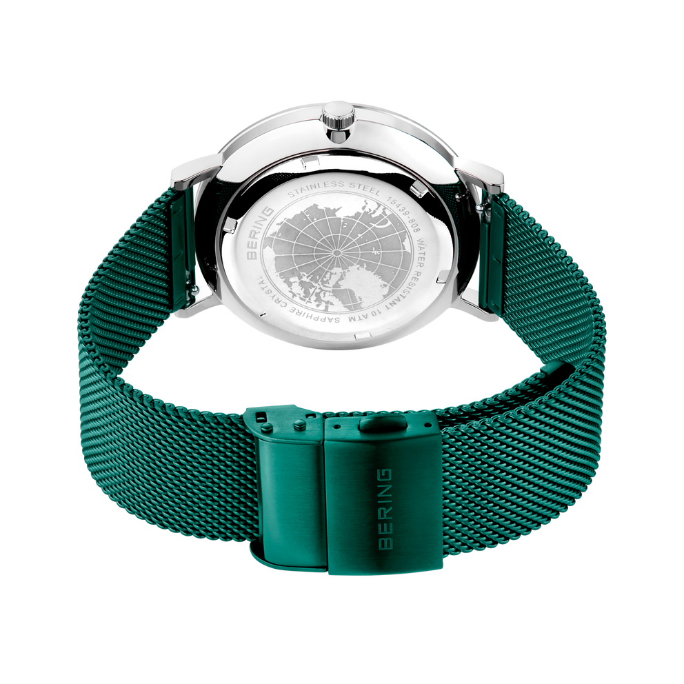 BERING horloge met globuswijzerplaat en turquoise mesh band, bovenaanzicht