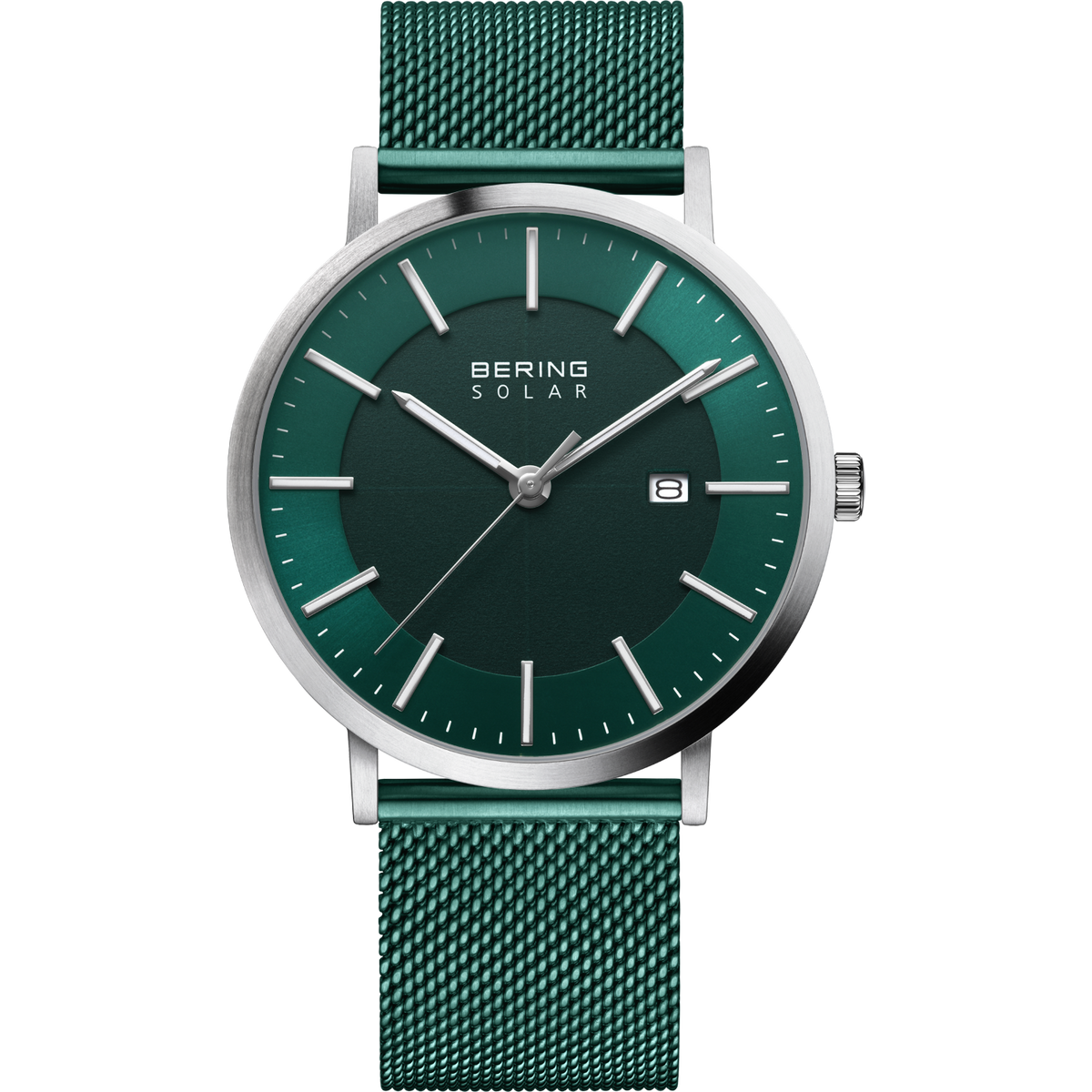 BERING Solar horloge met donkergroene wijzerplaat, zilveren kast, witte indexen en wijzers, meshband, datumvenster
