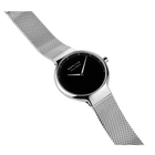 Watch with mesh band extended in diagonal layout, displaying full strap length