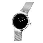 Watch angled from above with black dial and silver mesh band clearly visible
