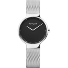 Round watch with black dial, white hands, and silver mesh band