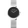Round watch with black dial, white hands, and silver mesh band