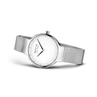 BERING watch with white dial and mesh metal band, photographed from the side
