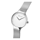 BERING wristwatch with white dial and silver mesh band, three-quarter view