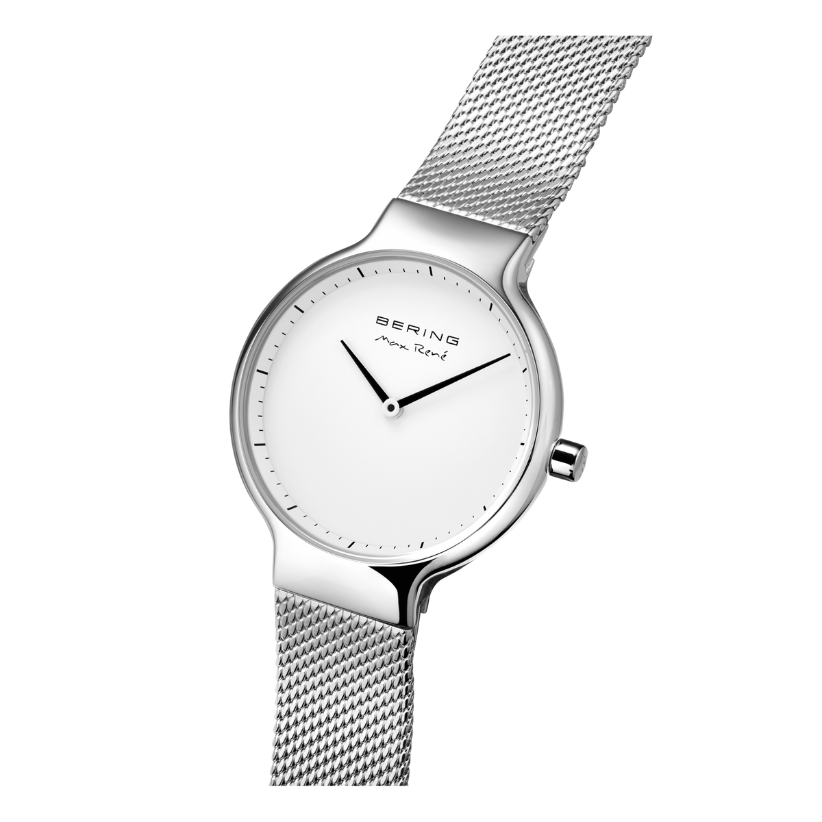 BERING wristwatch with white dial and silver mesh band, three-quarter view
