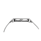 Rectangular silver watch case with metal mesh bracelet, viewed from above at an angle.