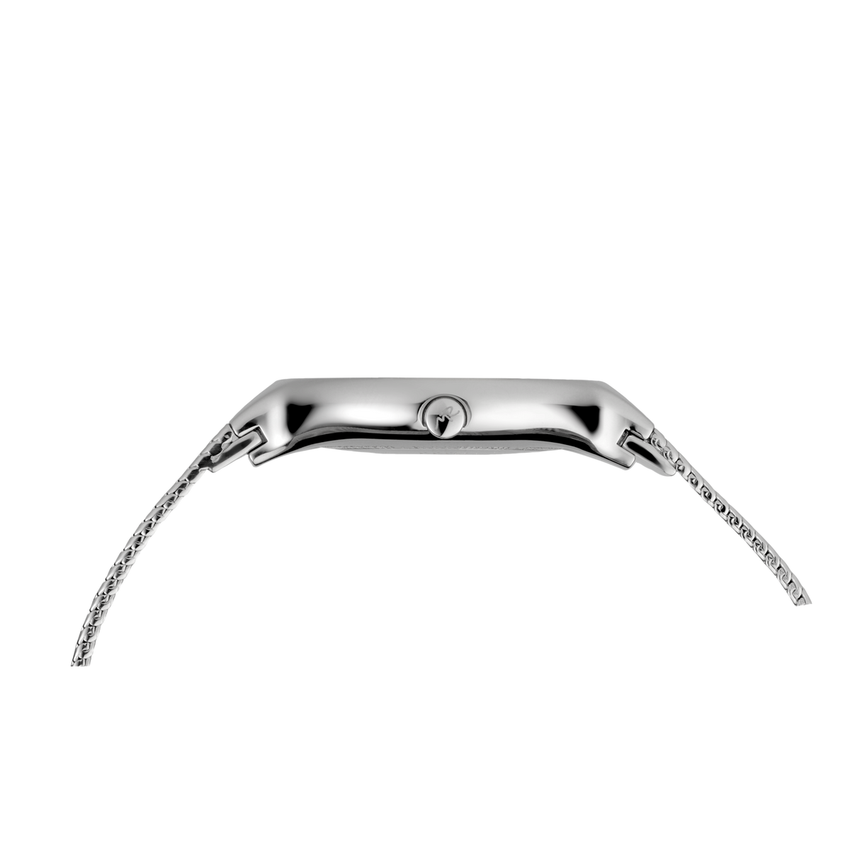 Rectangular silver watch case with metal mesh bracelet, viewed from above at an angle.