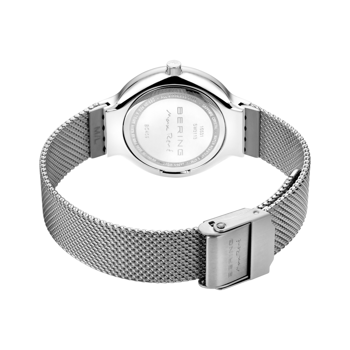 BERING wristwatch with round silver case and mesh band, flat lay view