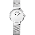 BERING minimalist watch with round silver stainless steel case, white dial, and matching mesh bracelet.