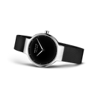 BERING watch with silver case and black mesh band, shown at 45-degree angle