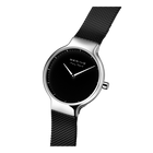 BERING watch with black mesh band extended, angled flat-lay composition showing watch and band