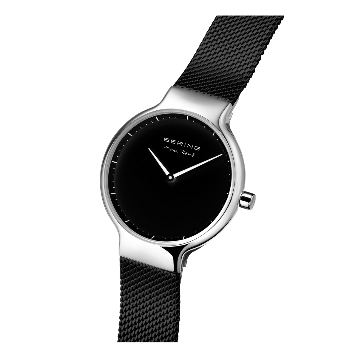 BERING watch with black mesh band extended, angled flat-lay composition showing watch and band