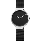 BERING watch with silver round case, black dial, and black mesh band, viewed front-on