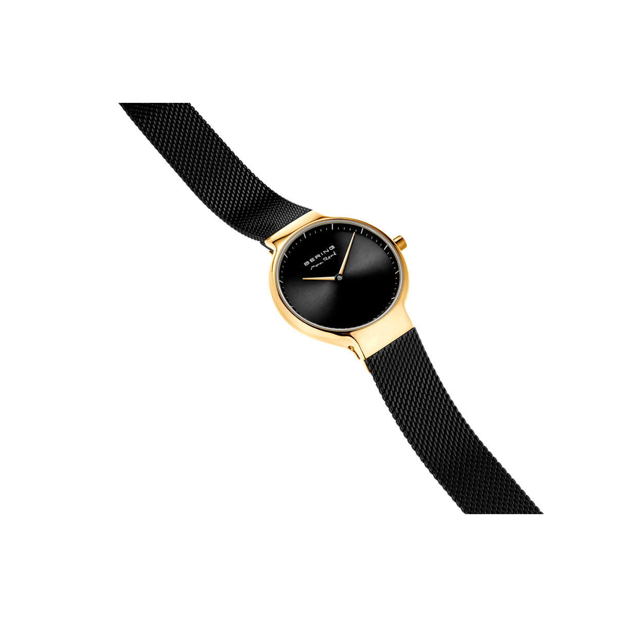 BERING watch with gold-tone case, textured black mesh band, and minimalist black dial