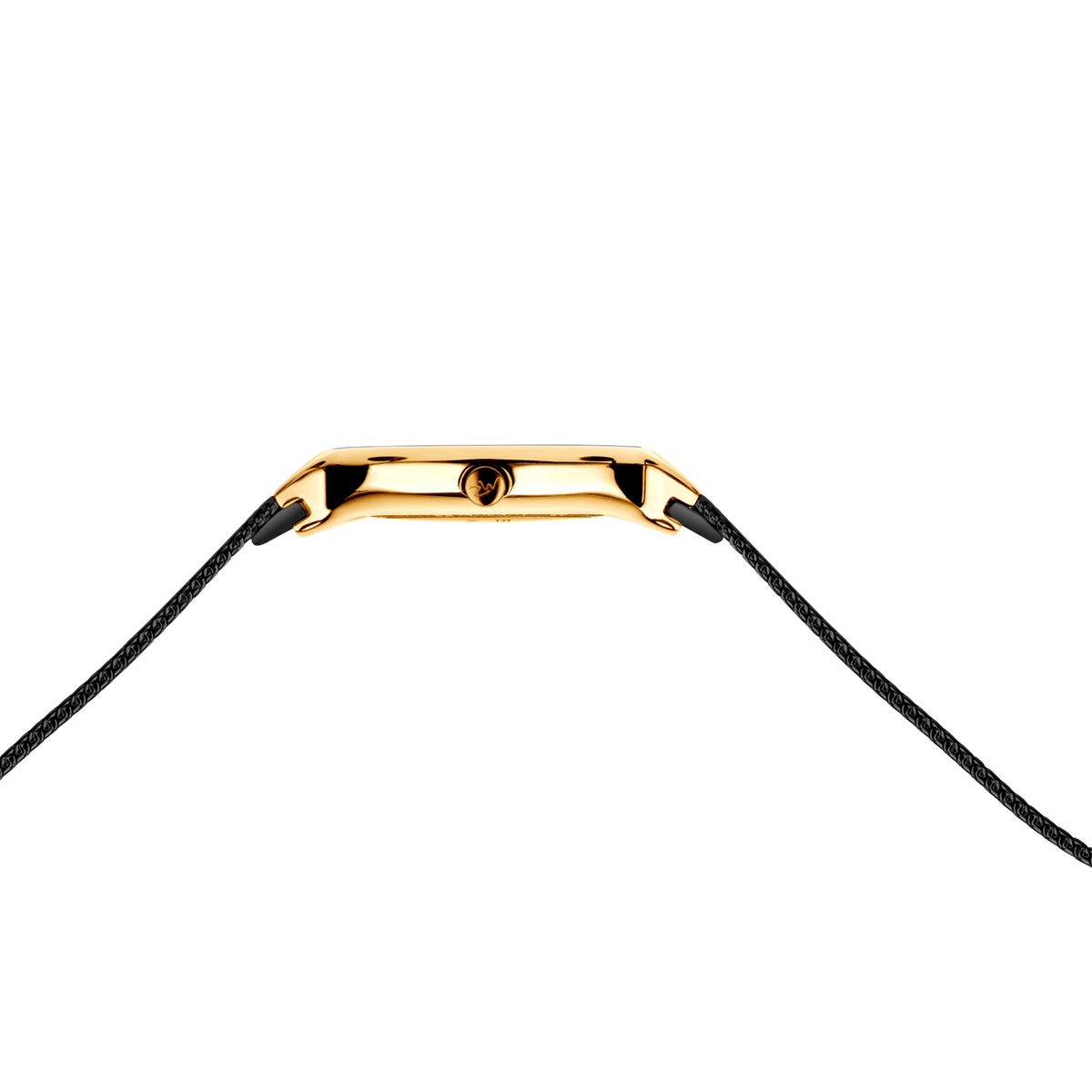 Gold rectangular watch case with black braided strap attached at lugs.
