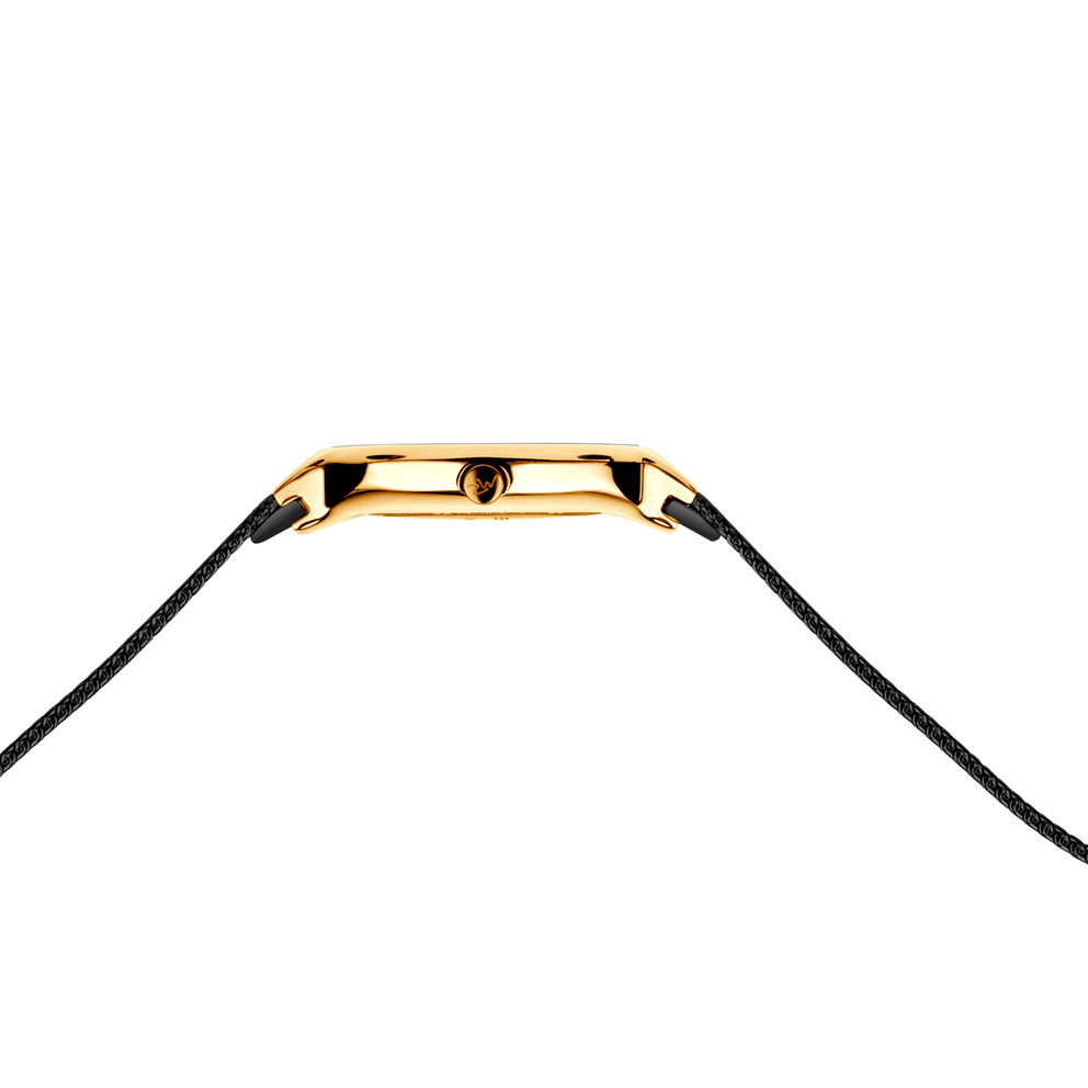 Gold rectangular watch case with black braided strap attached at lugs.